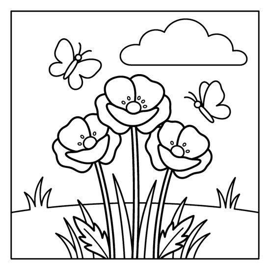 A cluster of poppies on tall stems in a meadow with two butterflies, coloring sheet