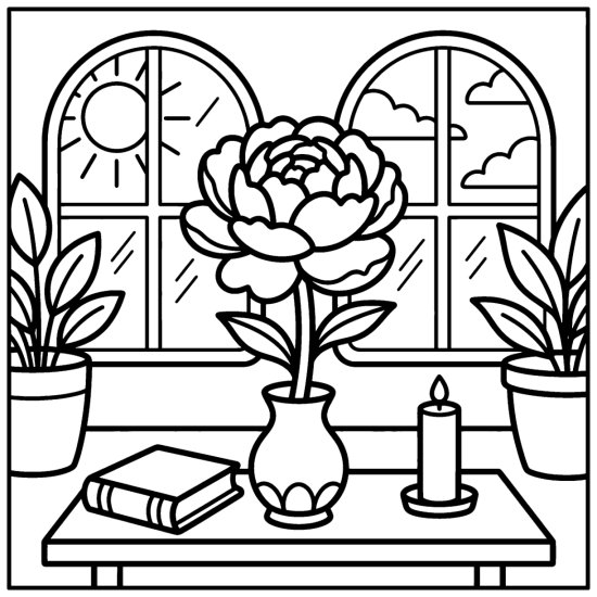A single peony with layered petals in a vase with a book and candle, coloring page