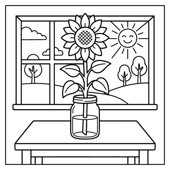 A tall sunflower in a glass jar on a kitchen table with a window and hills, coloring sheet