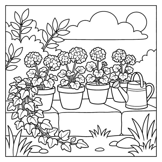 A row of potted geraniums on a garden step with a watering can and vine, coloring page