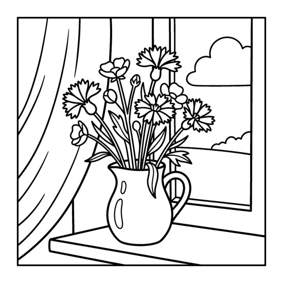 A bunch of cornflowers and buttercups in a ceramic pitcher on a windowsill, coloring sheet