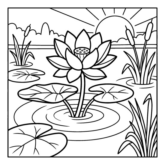 A lotus flower rising from calm water with broad leaves and reeds, coloring page
