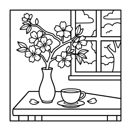 A cherry blossom branch in a slim vase on a table with a teacup and petals, coloring sheet