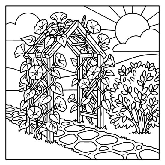 A garden trellis covered in climbing morning glory flowers above a stone path, coloring page