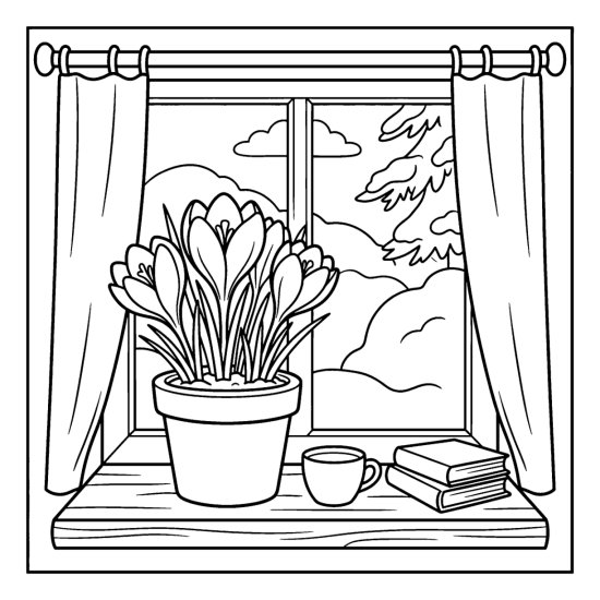 A pot of crocuses on a windowsill with snow outside and a curtain, coloring sheet