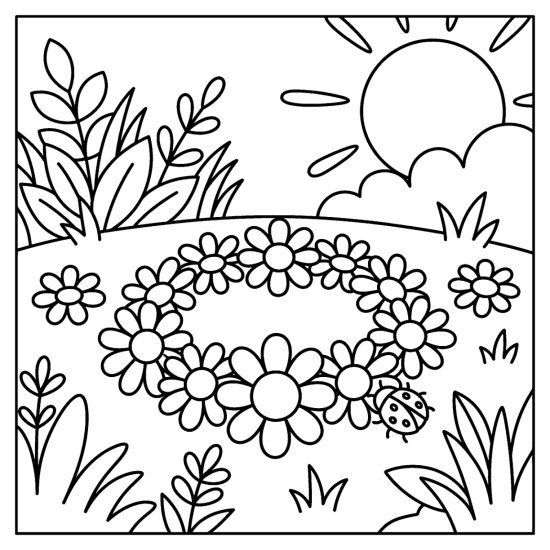 A daisy chain looped on the grass with scattered daisies and a ladybug, coloring page