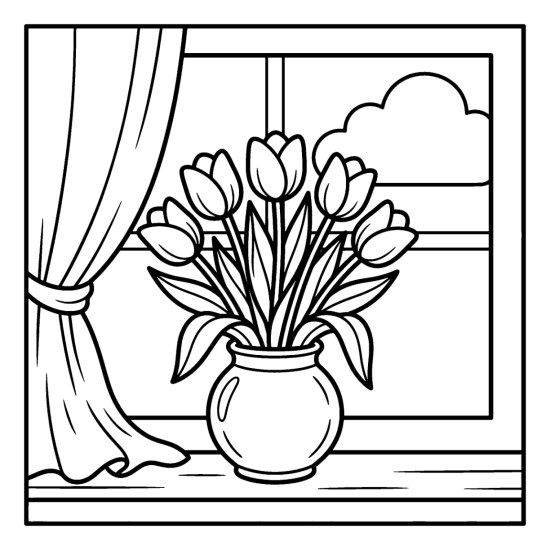 A bouquet of tulips standing in a round vase on a windowsill with a curtain, coloring sheet