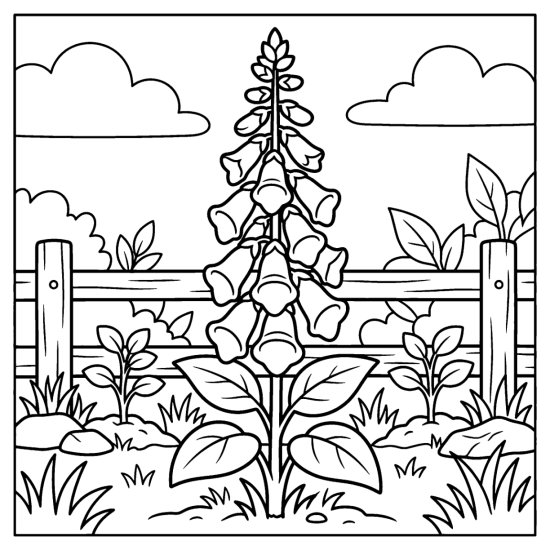 A tall foxglove with bell shaped flowers in a garden by a fence, coloring sheet