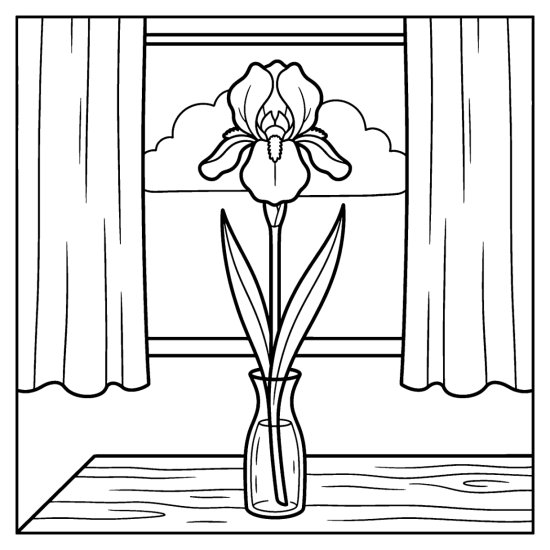 A single iris on a long stem in a narrow vase by a curtained window, coloring page