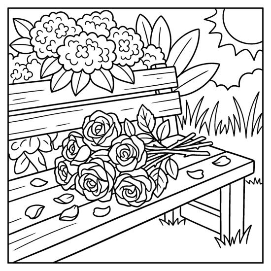 A cluster of cut roses lying on a wooden garden bench with loose petals, coloring sheet