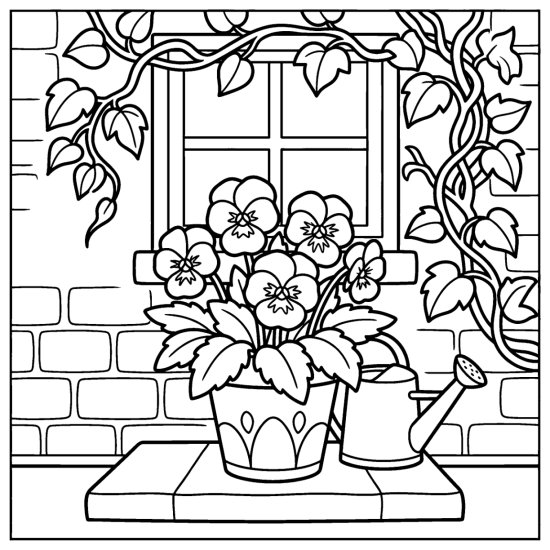 A pot of pansies with flat open blooms on a doorstep with a vine and window, coloring sheet