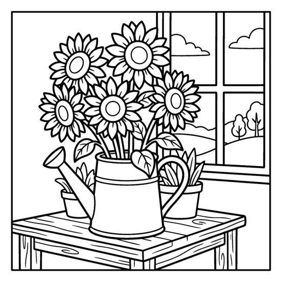 A bunch of sunflowers in a watering can vase on a table with a window, coloring page