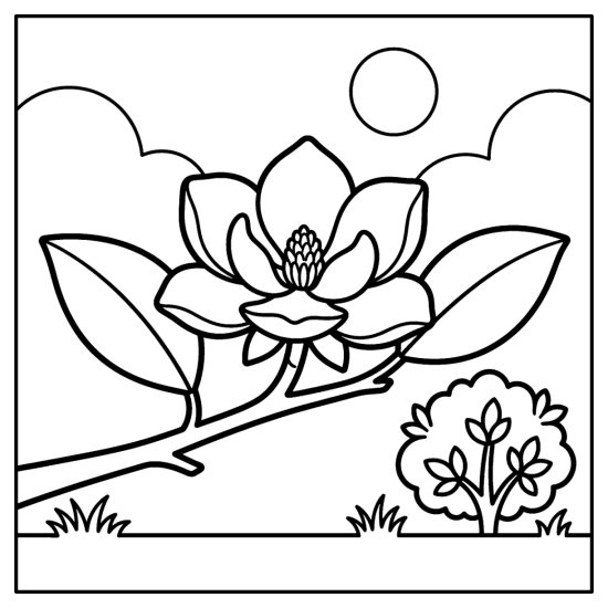 A single magnolia flower on a branch with two leaves and a small bush, coloring sheet