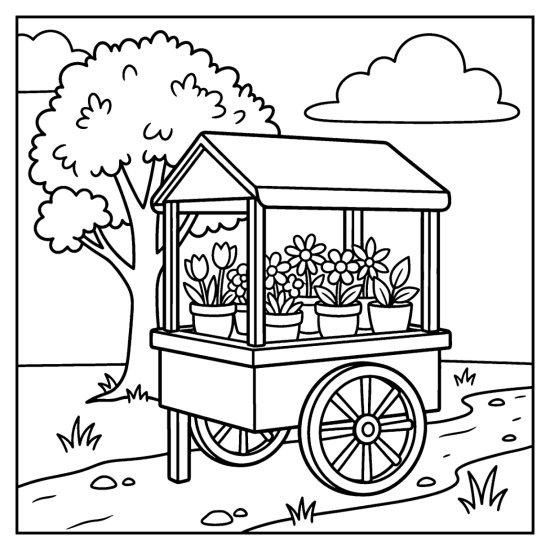 A wooden flower cart filled with potted blooms on a path with a tree, coloring page