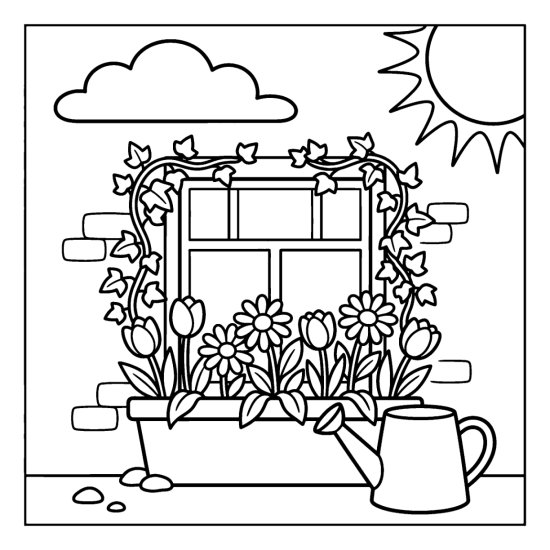 A window box of tulips and daisies under a cottage window with ivy, coloring sheet