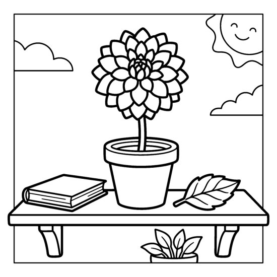 A single dahlia with layered petals in a pot on a shelf with a book, coloring page