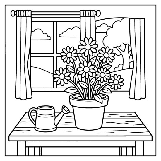 A potted daisy plant on a wooden table with a watering can and a window, bold and easy