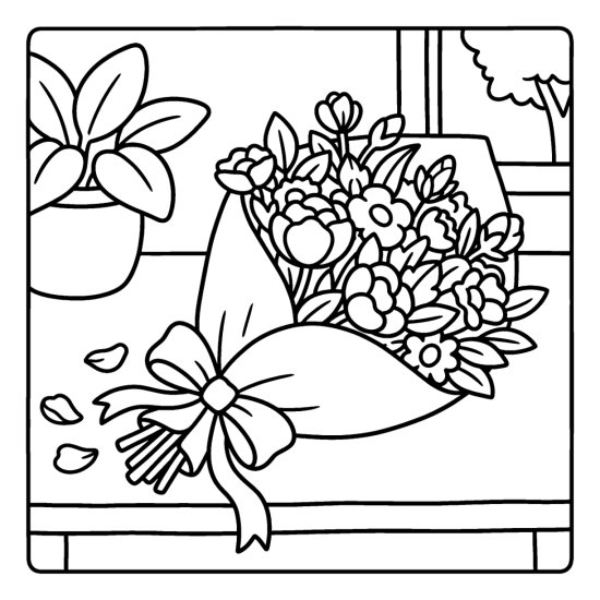 A bouquet of mixed flowers wrapped in paper with a ribbon and loose petals, coloring sheet