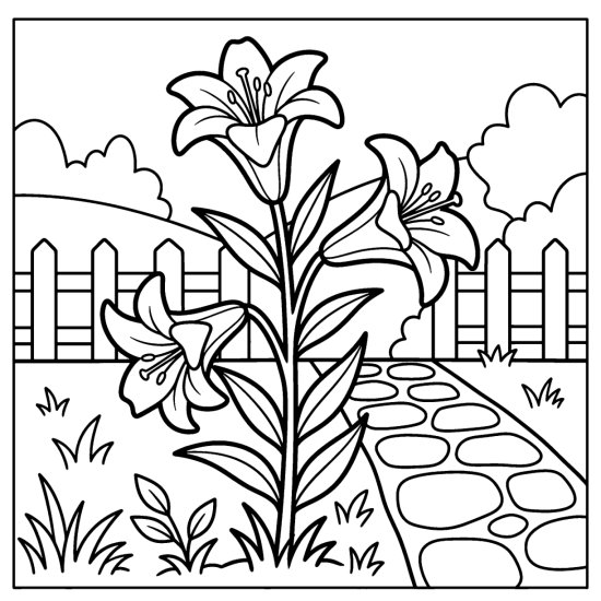 A lily plant with three trumpet blooms by a stone path and a fence, coloring page