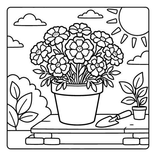 A cluster of marigolds in a terracotta pot on a sunny step with a trowel, coloring sheet