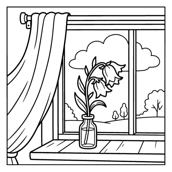 A single bluebell stem in a tiny bottle on a windowsill with a curtain, coloring page