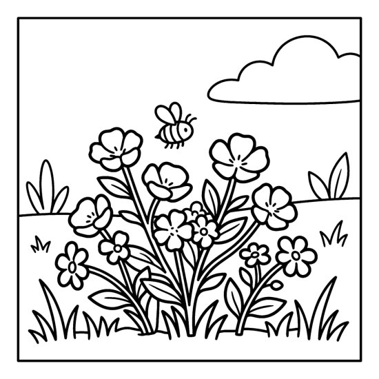 A patch of buttercups and forget-me-nots in the grass with a small bee, coloring sheet
