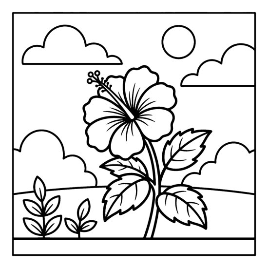A single hibiscus flower on a leafy stem with clouds, a sun, and small plants, coloring sheet