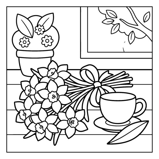 A bunch of daffodils tied with a ribbon beside a teacup and a potted plant, coloring page