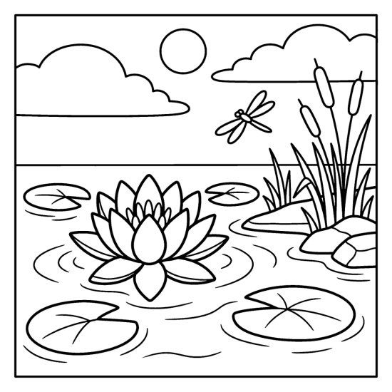 A water lily blooming on a pond with lily pads, reeds, and a dragonfly, coloring sheet