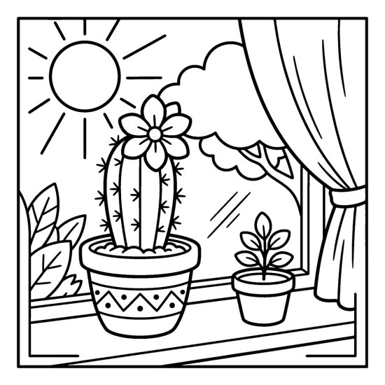 A potted cactus with a single bloom on a sunny windowsill with a curtain, coloring page