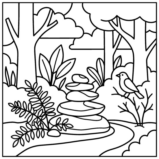 A stack of balancing flat stones forming a trail cairn beside a woodland path, coloring page