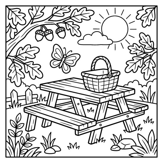 A wooden picnic table and bench in a shady woodland spot with a basket, coloring page