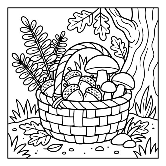A woven basket of foraged mushrooms and acorns on the woodland ground, coloring sheet