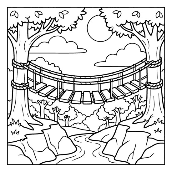 A rope and plank bridge strung between two big trees over a wooded gorge, coloring page