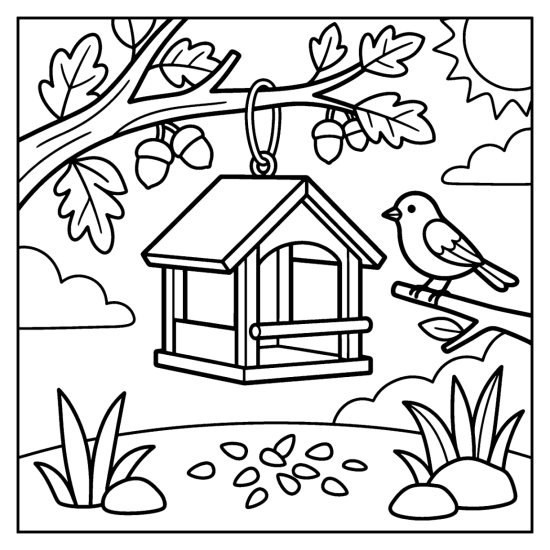 A hanging wooden bird feeder on a branch with a small bird and scattered seed, coloring sheet