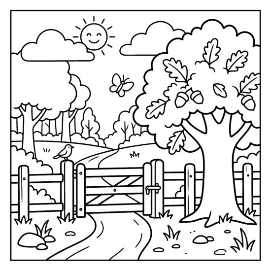 A wooden swing gate in a low fence at the start of a woodland trail, coloring page