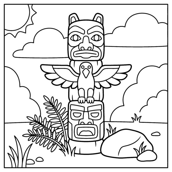 A tall carved wooden totem post standing in a clearing with a fern and a rock, coloring sheet