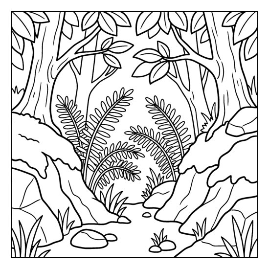 A shady gully filled with tall arching ferns between mossy banks under trees, coloring page