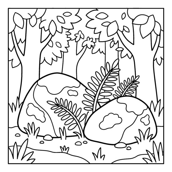 Two big mossy boulders on a forest floor with ferns growing between them, coloring sheet