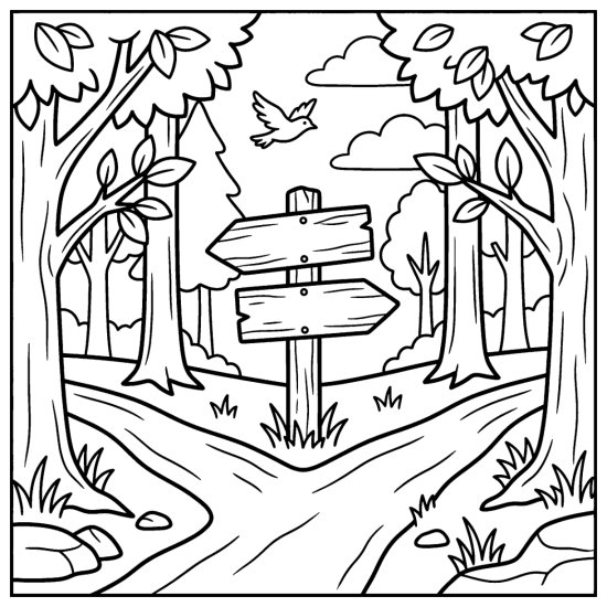 A wooden trail signpost with blank arrows at a fork of two forest paths, coloring page