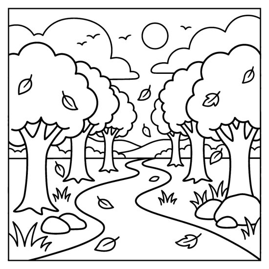 A forest of round canopied trees dropping leaves over a winding path, coloring sheet