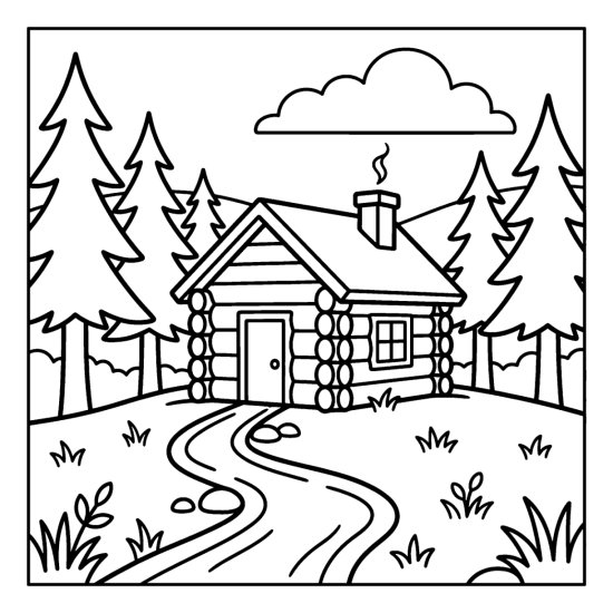A log cabin with a smoking chimney among tall pines with a winding path, coloring sheet