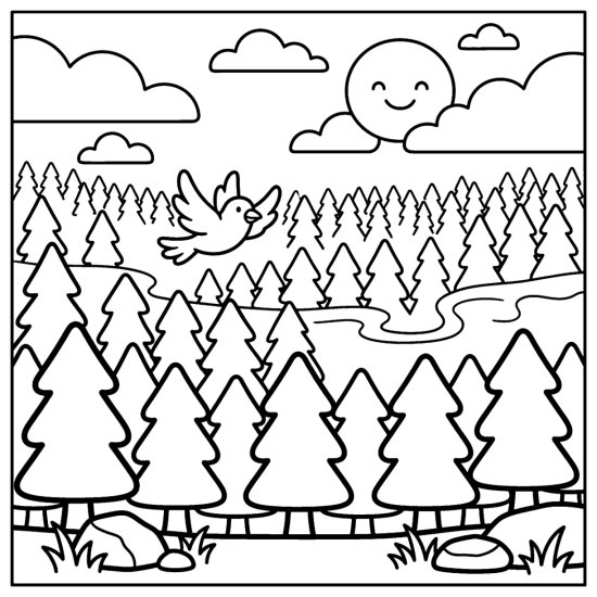 Rows of simple pine silhouettes layered back into a forest with a mist band, coloring page