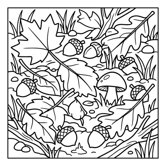 A forest floor carpeted with fallen leaves, acorns and a small mushroom, coloring page