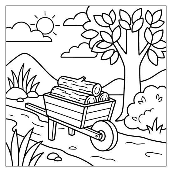 A wooden wheelbarrow loaded with logs parked on a woodland path, coloring sheet