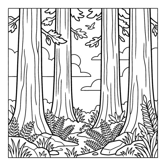 A row of very tall straight redwood trunks rising past the page over ferns, coloring page
