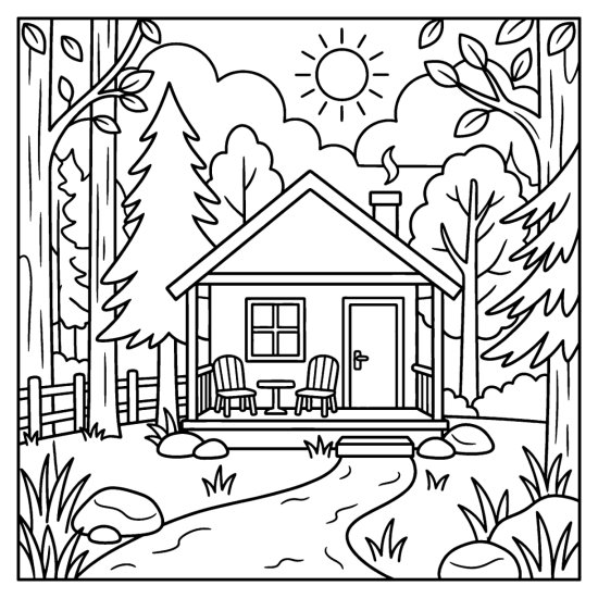 A cozy cabin with a small porch and two chairs among tall forest trees, coloring sheet
