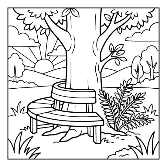 A curved wooden bench wrapped around the base of a big tree with a fern, coloring page