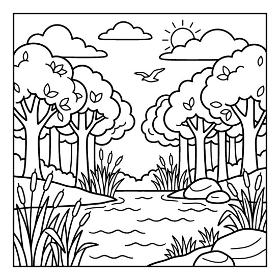 The shore of a calm lake edged by tall forest trees with rocks and reeds, coloring sheet