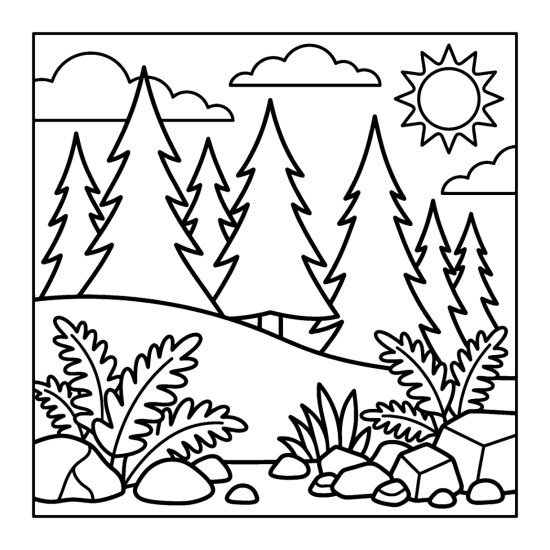 A hillside of pointed pine trees rising behind a foreground of ferns and rocks, coloring page